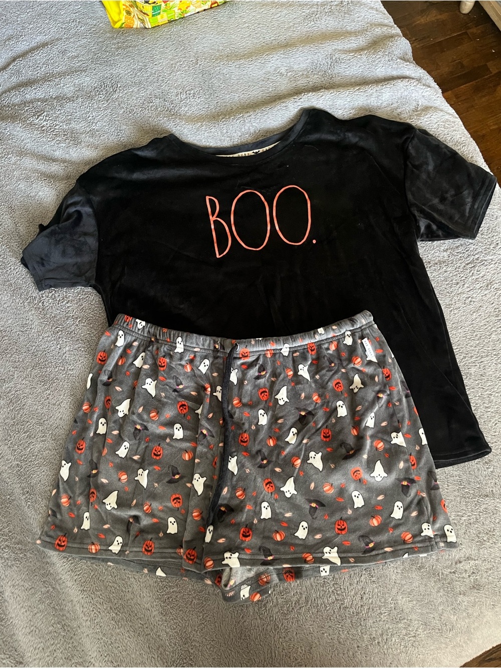 Womens Halloween 'BOO' Black Short Sleeve Pajama Set with Ghost & Pumpkin Shorts